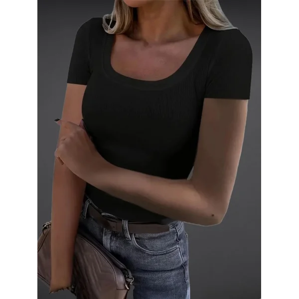 Kadın Kısa Kollu Kare Yaka Basic Kaşkorse Bluz