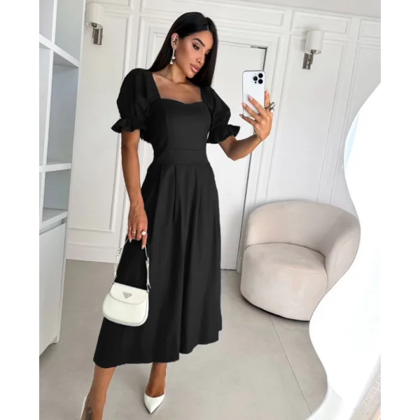 Kadın Kısa Kollu Kare Yaka idi Boy Trikoton Kumaş Elbise