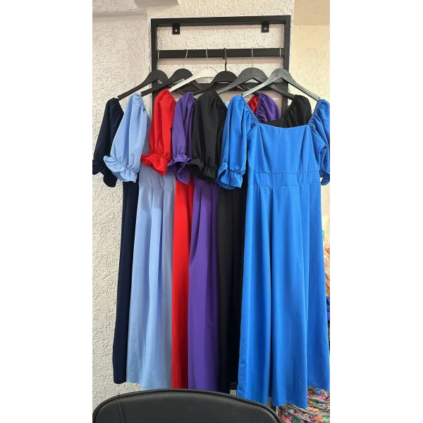 Kadın Kısa Kollu Kare Yaka idi Boy Trikoton Kumaş Elbise