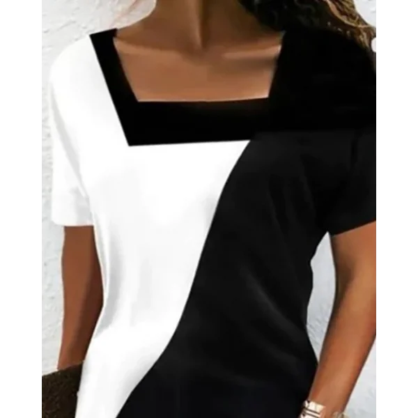 Kadın Kısa Kollu Kare Yaka Parçalı Desen Dalgıç Elbise