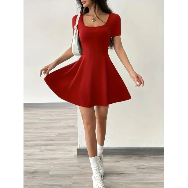 Kadın Kısa Kollu Kare Yaka Short Detaylı Cepli Dalgıç Elbise