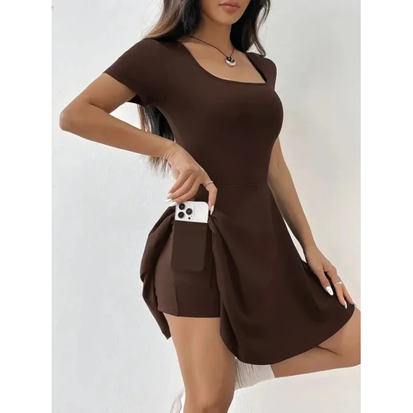 Kadın Kısa Kollu Kare Yaka Short Detaylı Cepli Dalgıç Elbise