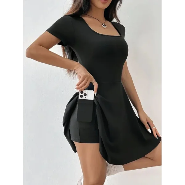 Kadın Kısa Kollu Kare Yaka Short Detaylı Cepli Dalgıç Elbise