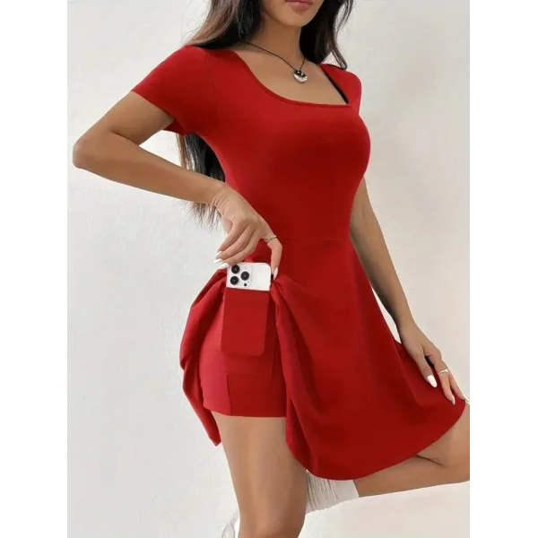 Kadın Kısa Kollu Kare Yaka Short Detaylı Cepli Dalgıç Elbise