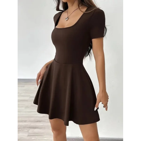 Kadın Kısa Kollu Kare Yaka Short Detaylı Cepli Dalgıç Elbise