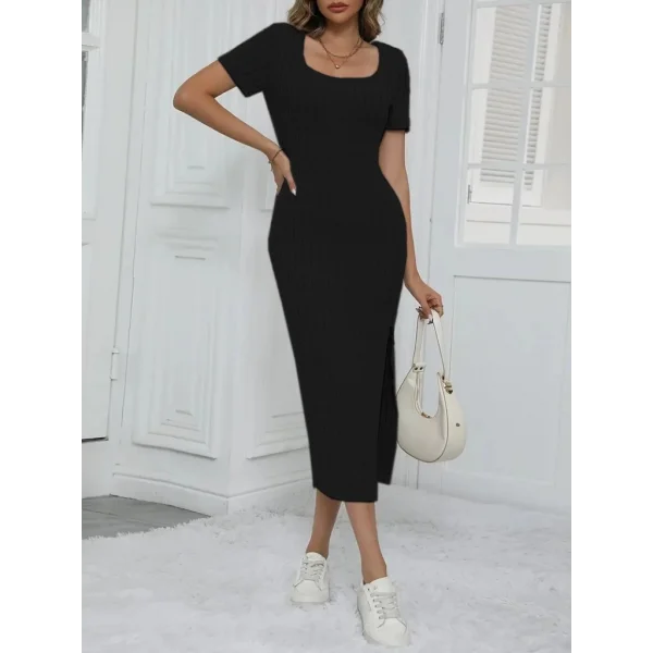 Kadın Kısa Kollu Kare Yaka Yandan Yırtmaçlı Fitilli Kaşkorse Elbise