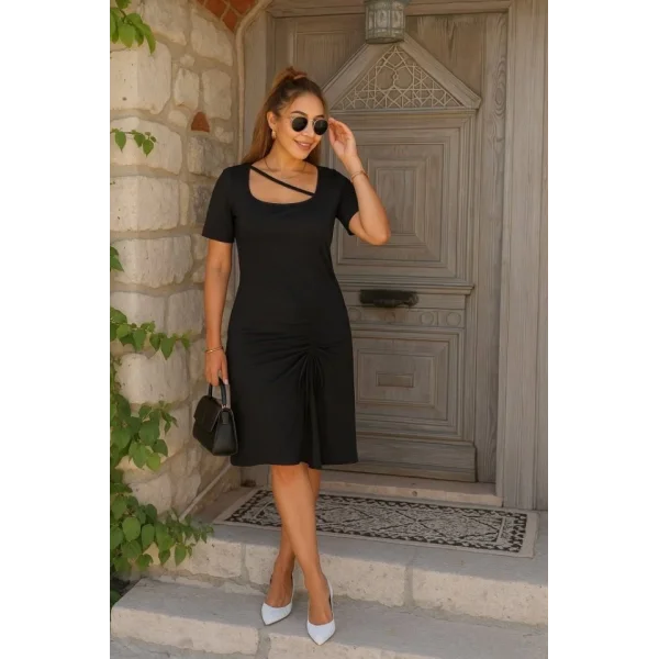 Kadın Kısa Kollu Kare Yakalı Ip Detaylı Janjan Krep Elbise