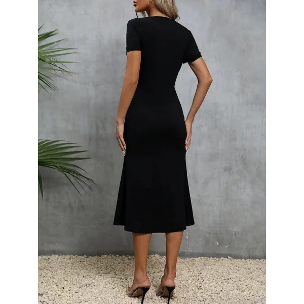 Kadın Kısa Kollu Kare Yakalı Ip Detaylı Janjan Krep Elbise