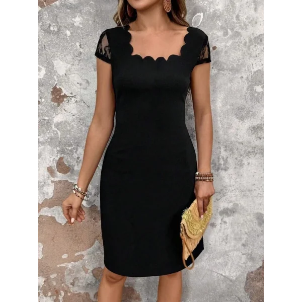 Kadın Kısa Kollu Kare Yakalı Ithal Krep Elbise