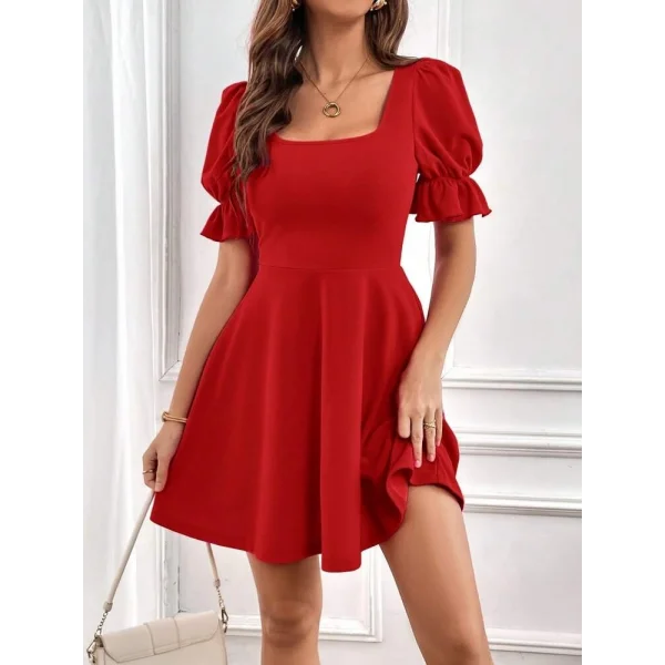 Kadın Kısa Kollu Kare Yakalı Kiloş Ithal Krep Elbise