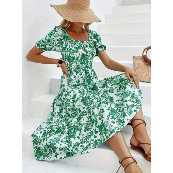 Kadın Kısa Kollu Kare Yakalı Lastikli Desenli Süprem Elbise