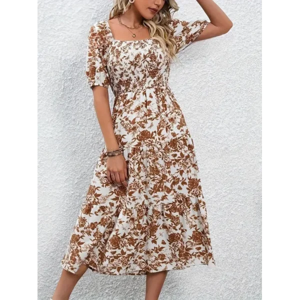 Kadın Kısa Kollu Kare Yakalı Lastikli Desenli Süprem Elbise