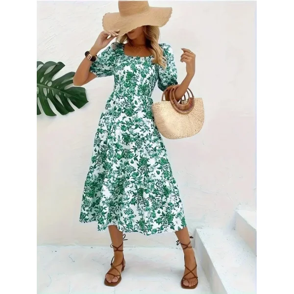 Kadın Kısa Kollu Kare Yakalı Lastikli Desenli Süprem Elbise