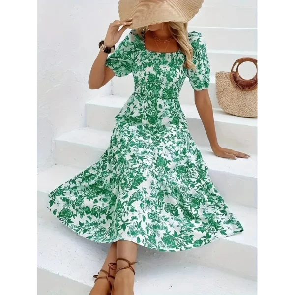 Kadın Kısa Kollu Kare Yakalı Lastikli Desenli Süprem Elbise