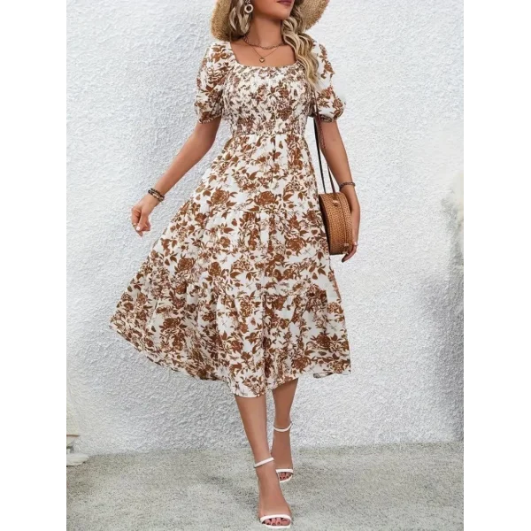 Kadın Kısa Kollu Kare Yakalı Lastikli Desenli Süprem Elbise