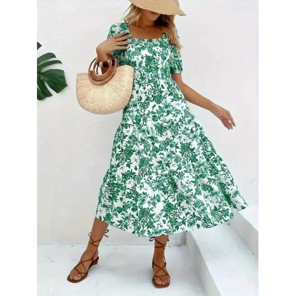 Kadın Kısa Kollu Kare Yakalı Lastikli Desenli Süprem Elbise