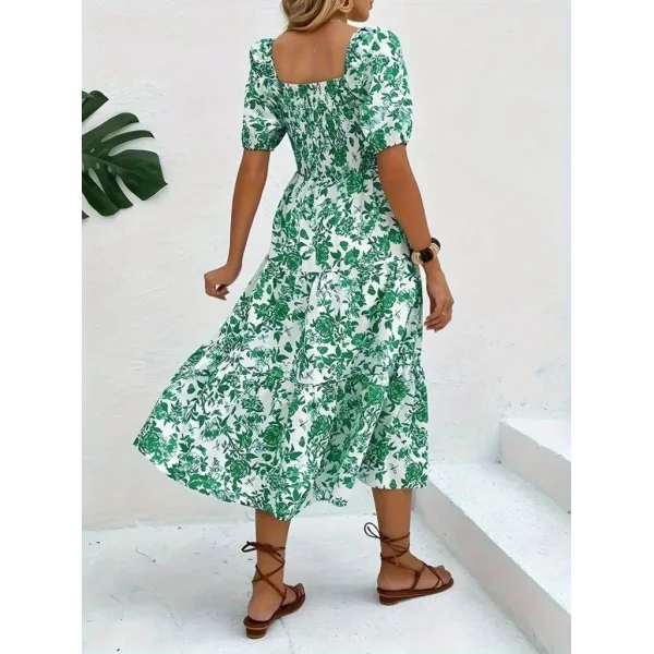 Kadın Kısa Kollu Kare Yakalı Lastikli Desenli Süprem Elbise