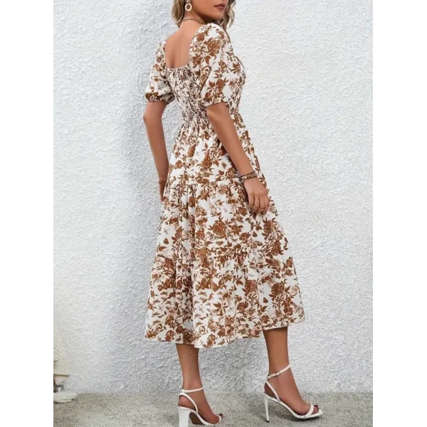 Kadın Kısa Kollu Kare Yakalı Lastikli Desenli Süprem Elbise