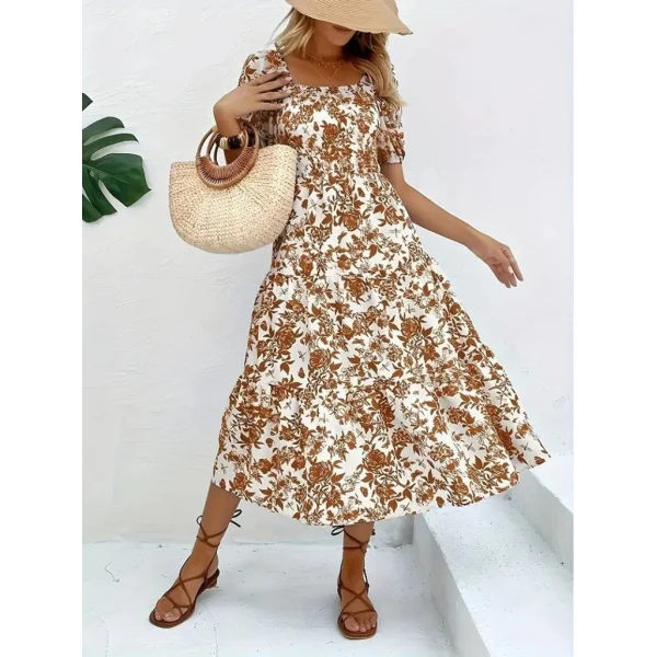 Kadın Kısa Kollu Kare Yakalı Lastikli Desenli Süprem Elbise