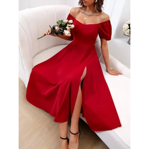 Kadın Kısa Kollu Kare Yakalı Yırtmaçlı Midi Janjan Krep Elbise