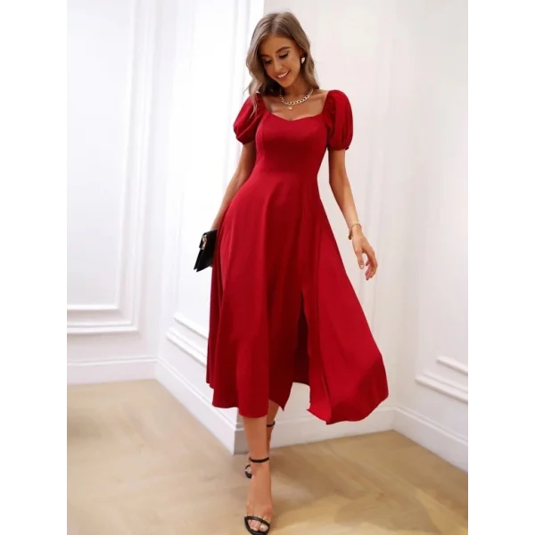 Kadın Kısa Kollu Kare Yakalı Yırtmaçlı Midi Janjan Krep Elbise