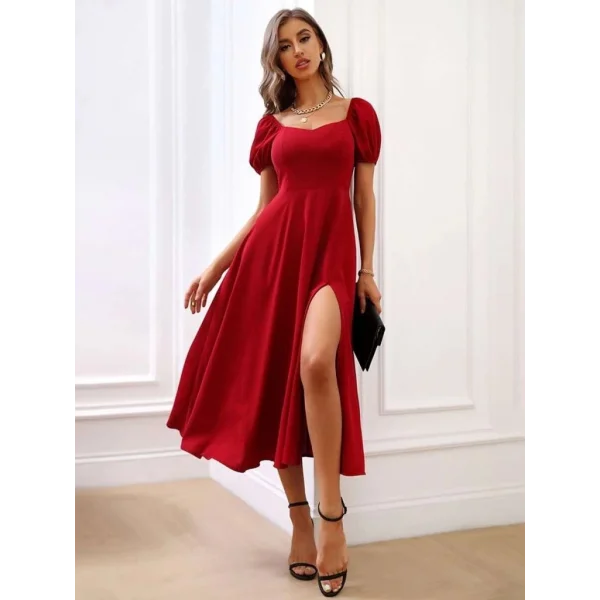 Kadın Kısa Kollu Kare Yakalı Yırtmaçlı Midi Janjan Krep Elbise