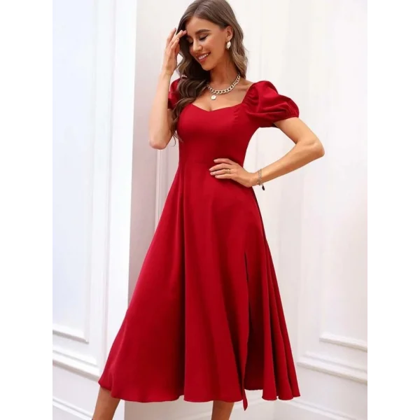 Kadın Kısa Kollu Kare Yakalı Yırtmaçlı Midi Janjan Krep Elbise