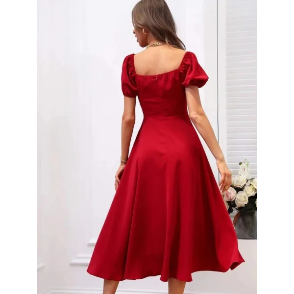 Kadın Kısa Kollu Kare Yakalı Yırtmaçlı Midi Janjan Krep Elbise