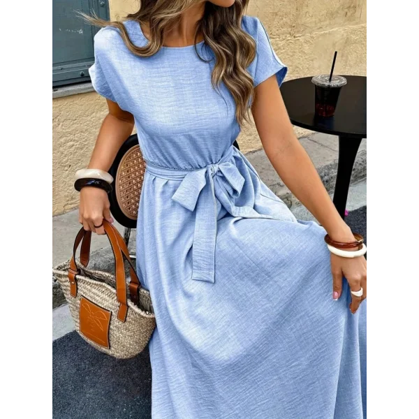 Kadın Kısa Kollu Kayık Yaka Beli Kuşaklı Aerobin Elbise