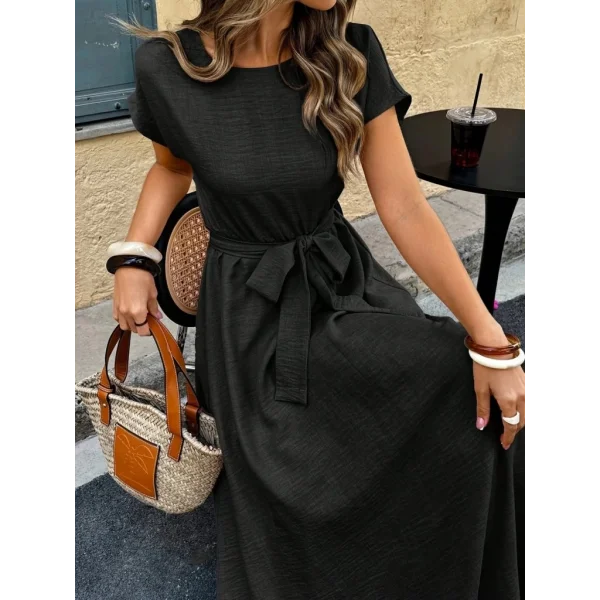 Kadın Kısa Kollu Kayık Yaka Beli Kuşaklı Aerobin Elbise