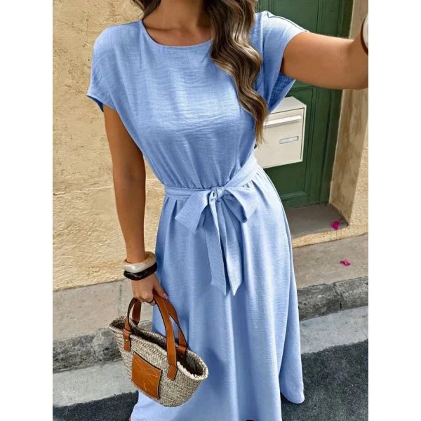 Kadın Kısa Kollu Kayık Yaka Beli Kuşaklı Aerobin Elbise
