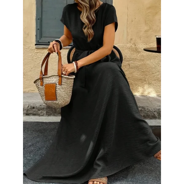 Kadın Kısa Kollu Kayık Yaka Beli Kuşaklı Aerobin Elbise