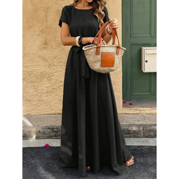 Kadın Kısa Kollu Kayık Yaka Beli Kuşaklı Aerobin Elbise