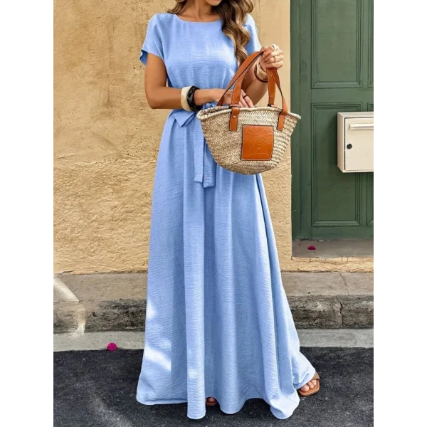 Kadın Kısa Kollu Kayık Yaka Beli Kuşaklı Aerobin Elbise