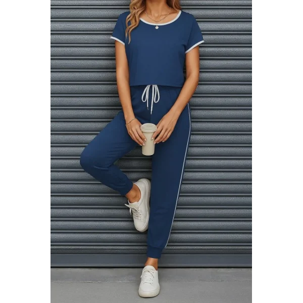 Kadın Kısa Kollu Kayık Yaka Viskon Iki Iplik Bluz Ve Bağcıklı Pantolon Ikili Takım