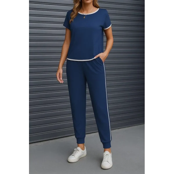 Kadın Kısa Kollu Kayık Yaka Viskon Iki Iplik Bluz Ve Bağcıklı Pantolon Ikili Takım