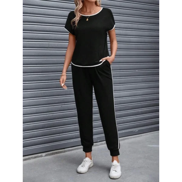 Kadın Kısa Kollu Kayık Yaka Viskon Iki Iplik Bluz Ve Bağcıklı Pantolon Ikili Takım