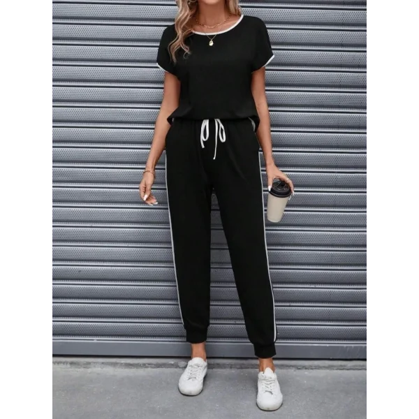 Kadın Kısa Kollu Kayık Yaka Viskon Iki Iplik Bluz Ve Bağcıklı Pantolon Ikili Takım