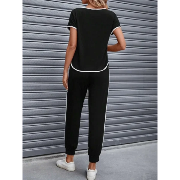 Kadın Kısa Kollu Kayık Yaka Viskon Iki Iplik Bluz Ve Bağcıklı Pantolon Ikili Takım