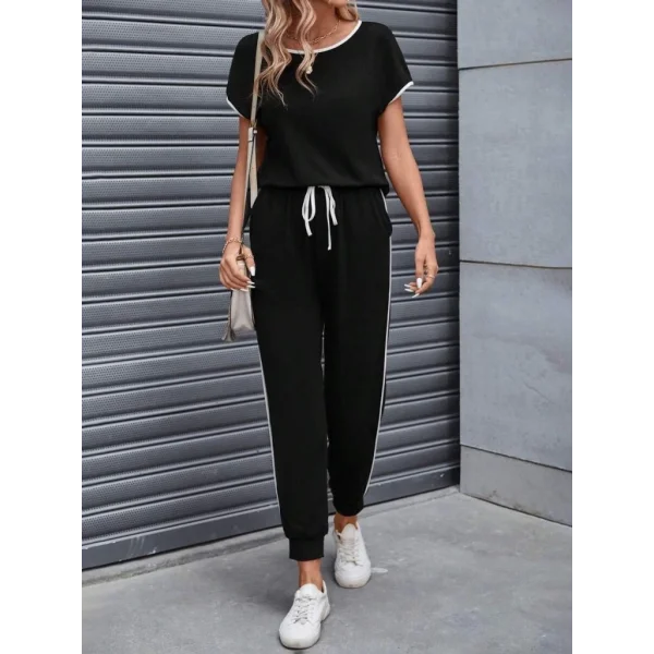 Kadın Kısa Kollu Kayık Yaka Viskon Iki Iplik Bluz Ve Bağcıklı Pantolon Ikili Takım