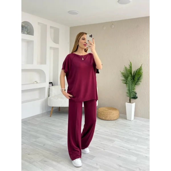 Kadın Kısa Kollu Kayık Yakalı Dikiş Izi Detaylı Viskon Iki Iplik Bluz Ve Pantolon Ikili Takım