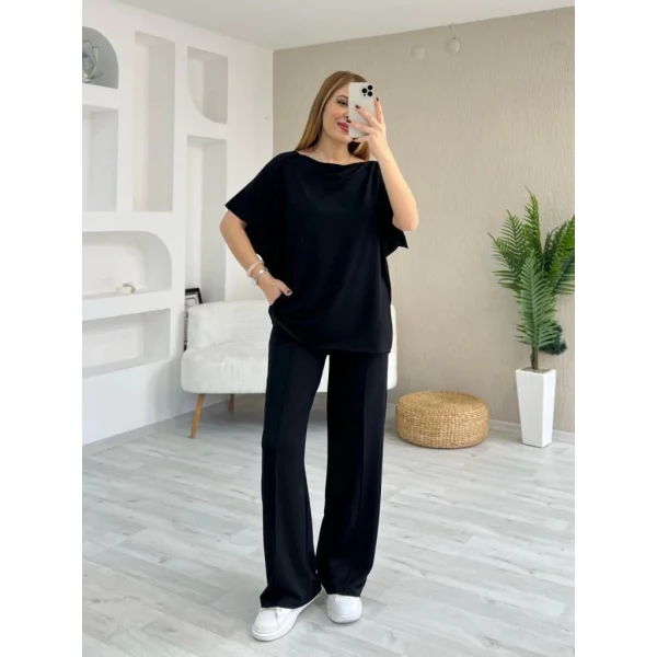 Kadın Kısa Kollu Kayık Yakalı Dikiş Izi Detaylı Viskon Iki Iplik Bluz Ve Pantolon Ikili Takım