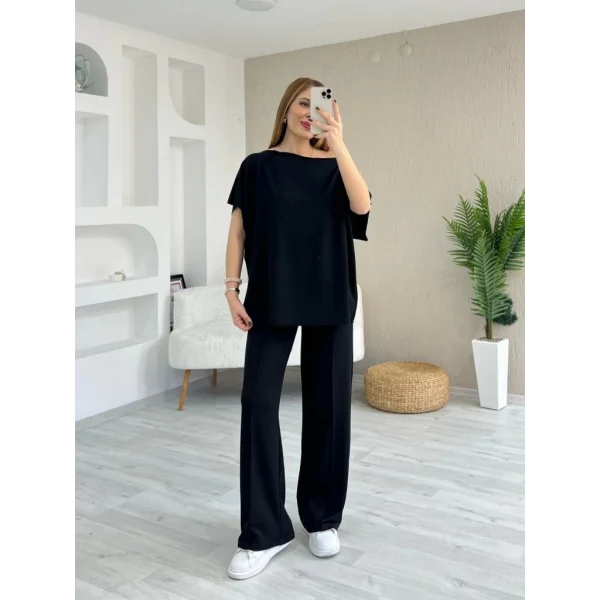 Kadın Kısa Kollu Kayık Yakalı Dikiş Izi Detaylı Viskon Iki Iplik Bluz Ve Pantolon Ikili Takım