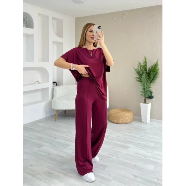 Kadın Kısa Kollu Kayık Yakalı Dikiş Izi Detaylı Viskon Iki Iplik Bluz Ve Pantolon Ikili Takım