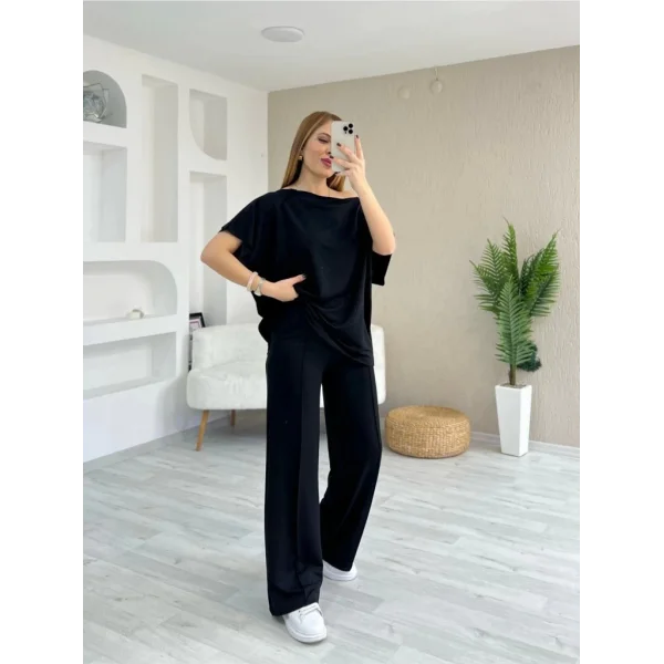 Kadın Kısa Kollu Kayık Yakalı Dikiş Izi Detaylı Viskon Iki Iplik Bluz Ve Pantolon Ikili Takım