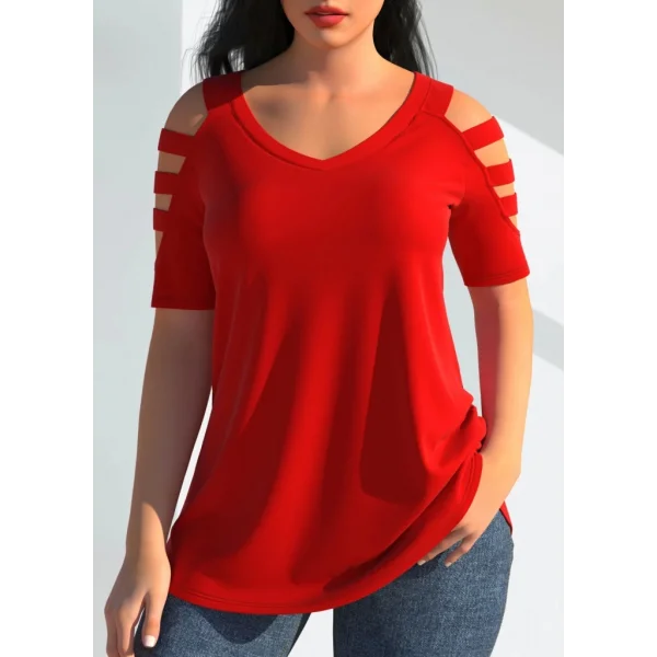 Kadın Kısa Kollu Kollar şerit Detay V Yaka Viskon Bluz