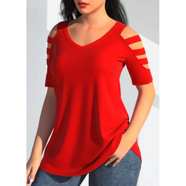 Kadın Kısa Kollu Kollar şerit Detay V Yaka Viskon Bluz