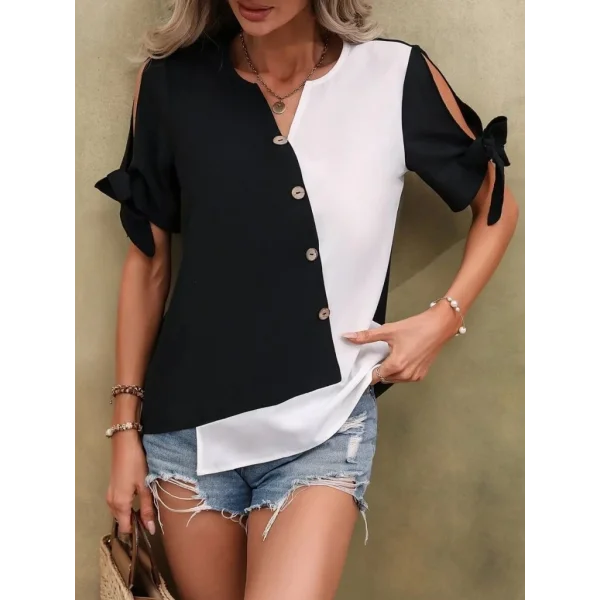 Kadın Kısa Kollu Kollardan Bağlamalı önden Asimetrik Kesim çift Renk Detaylı Düğmeli Ithal Krep Bluz