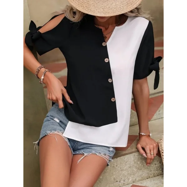 Kadın Kısa Kollu Kollardan Bağlamalı önden Asimetrik Kesim çift Renk Detaylı Düğmeli Ithal Krep Bluz