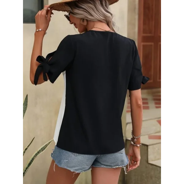 Kadın Kısa Kollu Kollardan Bağlamalı önden Asimetrik Kesim çift Renk Detaylı Düğmeli Ithal Krep Bluz